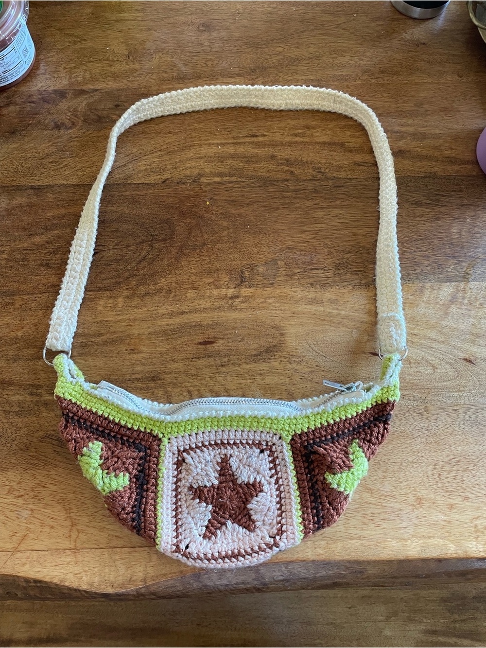 Handmade vintage Crochet Star Crossbody Bag in Brown, Cream & Lime